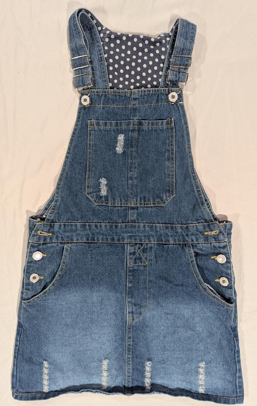 Denim Overall Dress Girls 13-14 Blue Short Distressed Jean Pinafore Casual